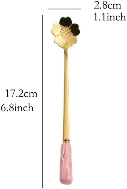 Stirring Spoon Iced Tea Coffee Spoon Stainless Steel Teaspoons Mixing Pink Gold - Set of 6 Delicate Ceramic Handle Cherry Blossoms Shape