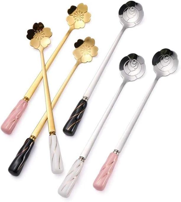 Stirring Spoon Iced Tea Coffee Spoon Stainless Steel Teaspoons Mixing Pink Gold - Set of 6 Delicate Ceramic Handle Cherry Blossoms Shape