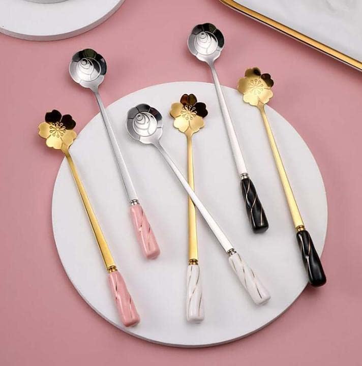 Stirring Spoon Iced Tea Coffee Spoon Stainless Steel Teaspoons Mixing Pink Gold - Set of 6 Delicate Ceramic Handle Cherry Blossoms Shape