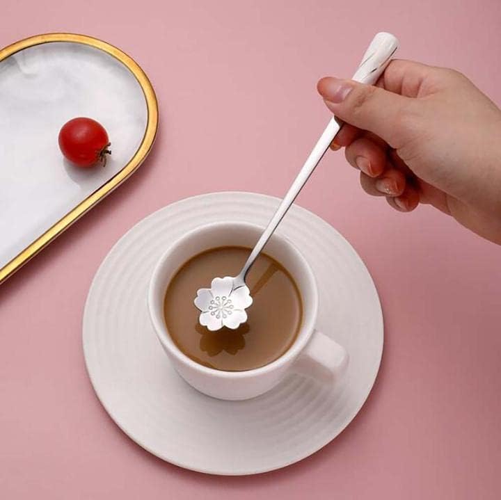 Stirring Spoon Iced Tea Coffee Spoon Stainless Steel Teaspoons Mixing Pink Gold - Set of 6 Delicate Ceramic Handle Cherry Blossoms Shape