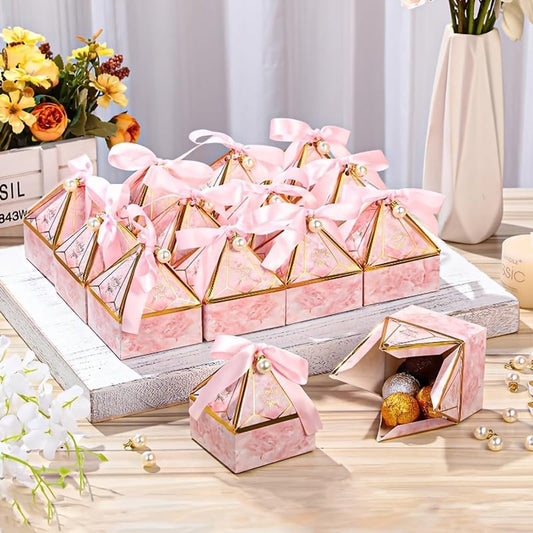 50pcs Elegant Cone-Shaped Mongolian Yurt Design Gift Boxes with Golden Foil Script And Ribbon Pearl Accessories - Perfect for Engagements, Birthdays, Weddings & Holiday Parties, Celebration Gift Box