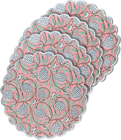 15 Inch Round Placemats Set of 4, for Dining Table, Scalloped Boho Cotton Cloth Easter Placemats - Washable Embroidered Block Print Table Mat - Fabric Place Mats for Kitchen, Peach