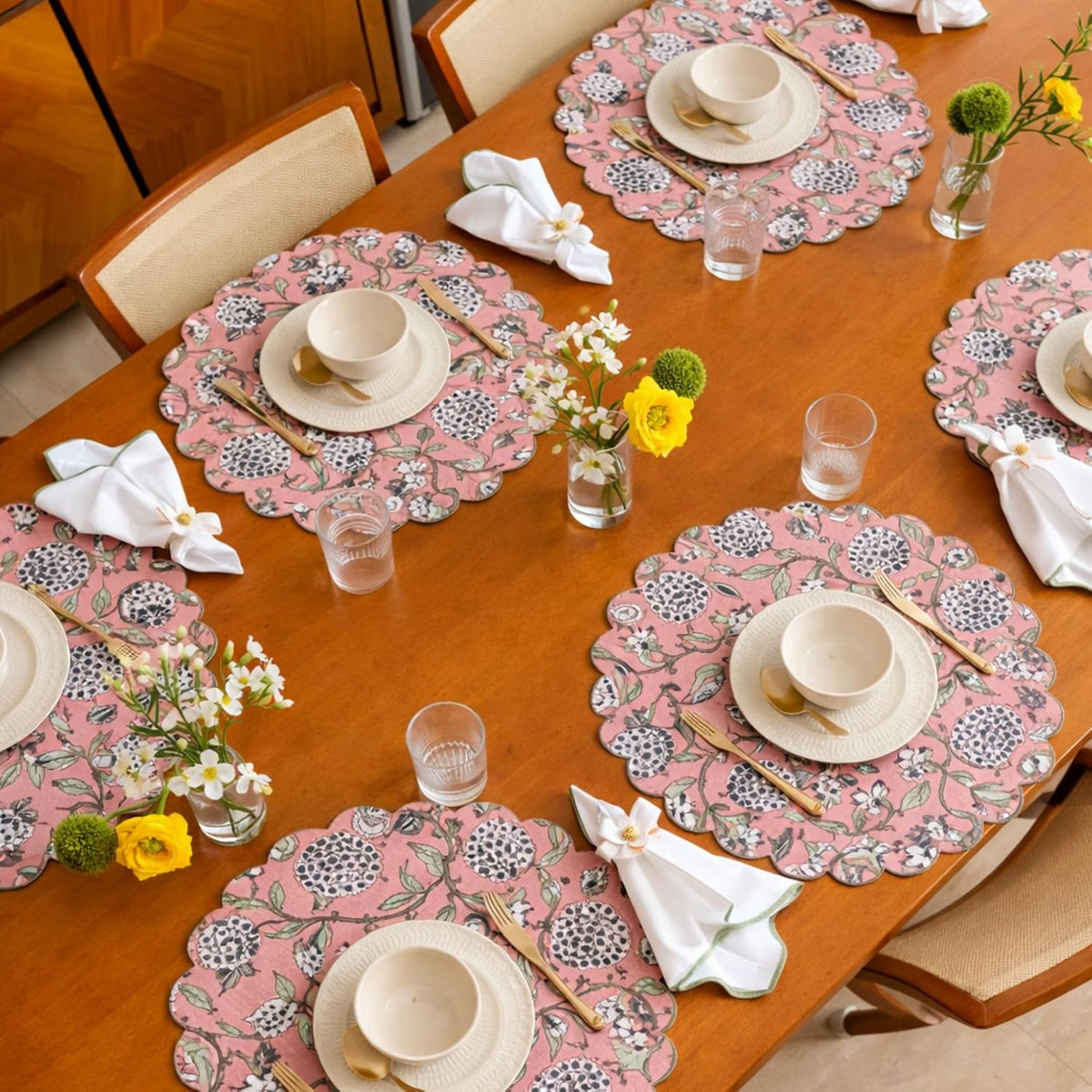 15 Inch Round Placemats Set of 4, for Dining Table, Scalloped Boho Cotton Cloth Easter Placemats - Washable Embroidered Block Print Table Mat - Fabric Place Mats for Kitchen, Peach