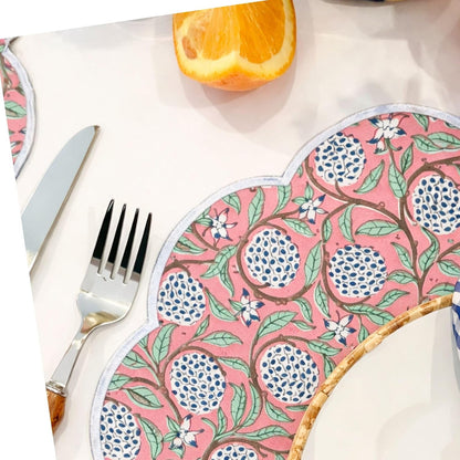 15 Inch Round Placemats Set of 4, for Dining Table, Scalloped Boho Cotton Cloth Easter Placemats - Washable Embroidered Block Print Table Mat - Fabric Place Mats for Kitchen, Peach