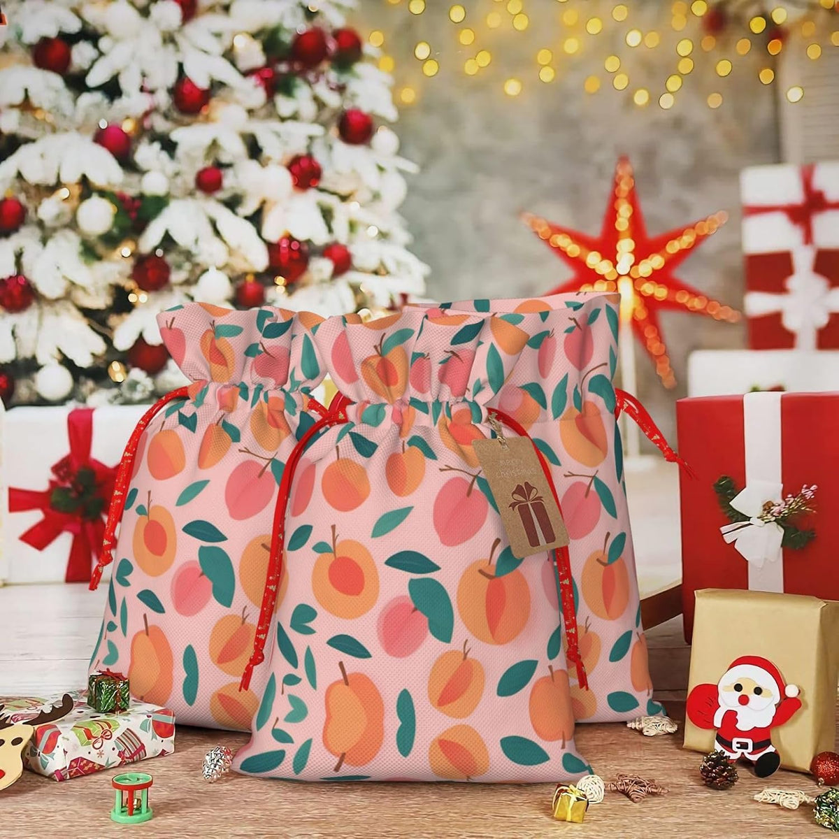 Peach Pattern Seamless 1pcs Christmas Drawstring Tote 8.3x11.8in,Robust Bag For Gifts And Everyday Used Essentials