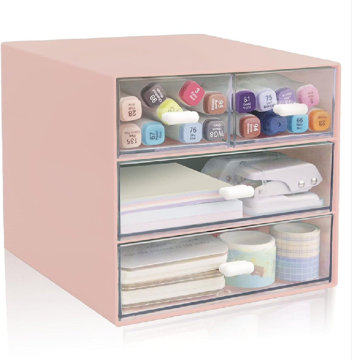Desk Organizer with Drawer, Office Organizer with 4 Drawers, Desk Storage Box for, Desktop, Dressing table, Office, School, Home, Plastic Box and 4 Acrylic Drawers(Pink)