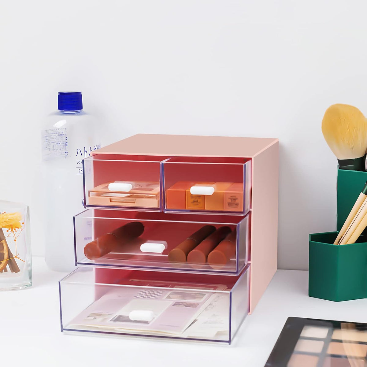 Desk Organizer with Drawer, Office Organizer with 4 Drawers, Desk Storage Box for, Desktop, Dressing table, Office, School, Home, Plastic Box and 4 Acrylic Drawers(Pink)