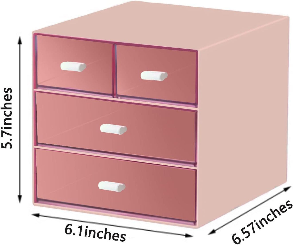 Desk Organizer with Drawer, Office Organizer with 4 Drawers, Desk Storage Box for, Desktop, Dressing table, Office, School, Home, Plastic Box and 4 Acrylic Drawers(Pink)