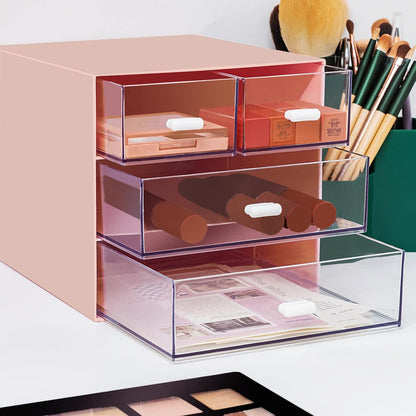 Desk Organizer with Drawer, Office Organizer with 4 Drawers, Desk Storage Box for, Desktop, Dressing table, Office, School, Home, Plastic Box and 4 Acrylic Drawers(Pink)