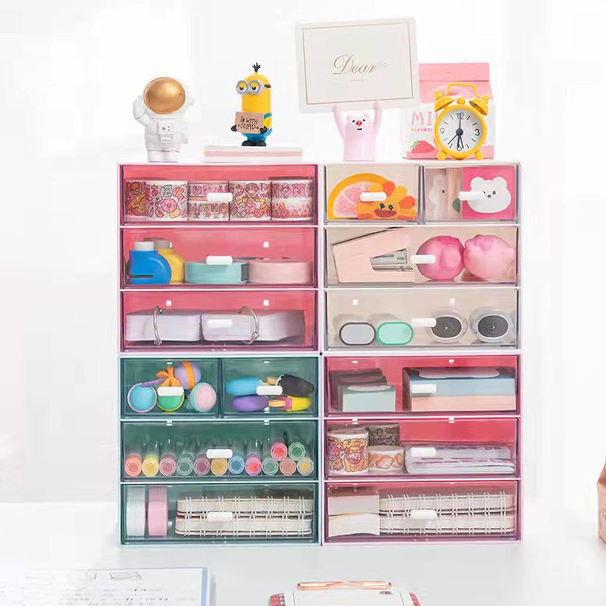 Desk Organizer with Drawer, Office Organizer with 4 Drawers, Desk Storage Box for, Desktop, Dressing table, Office, School, Home, Plastic Box and 4 Acrylic Drawers(Pink)