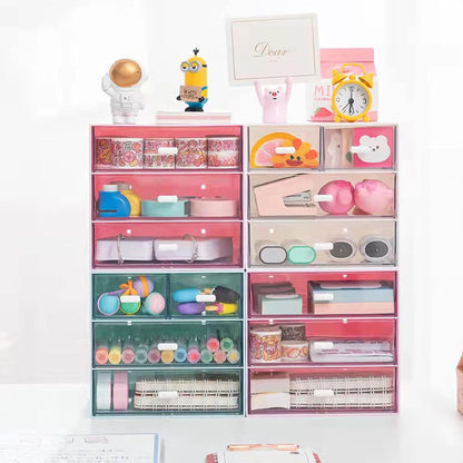 Desk Organizer with Drawer, Office Organizer with 4 Drawers, Desk Storage Box for, Desktop, Dressing table, Office, School, Home, Plastic Box and 4 Acrylic Drawers(Pink)