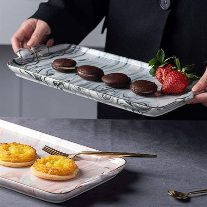 Nordic Ceramic Square Tray Marble Afternoon Tea Dessert Fruit Plate Dessert Cake Dish Cup Storage Tray(Color:Pink)