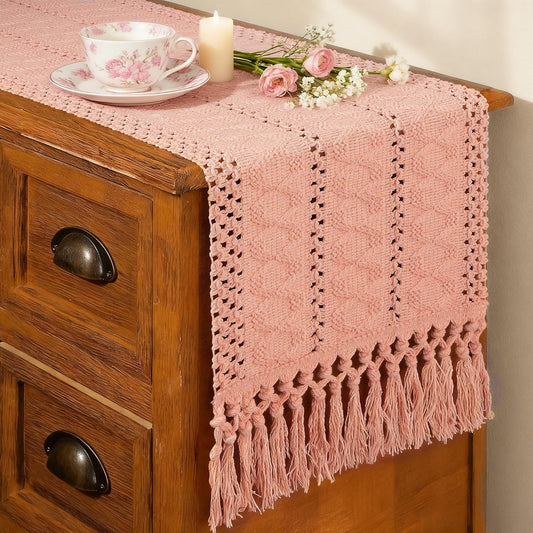 Summer Pink Table Runner Boho Macrame Dresser Runner Home Coffee Table Decor Farmhouse Style with Tassels for Dining Bedroom Living Room Decor Rustic Bridal Shower (12x90 Inches)