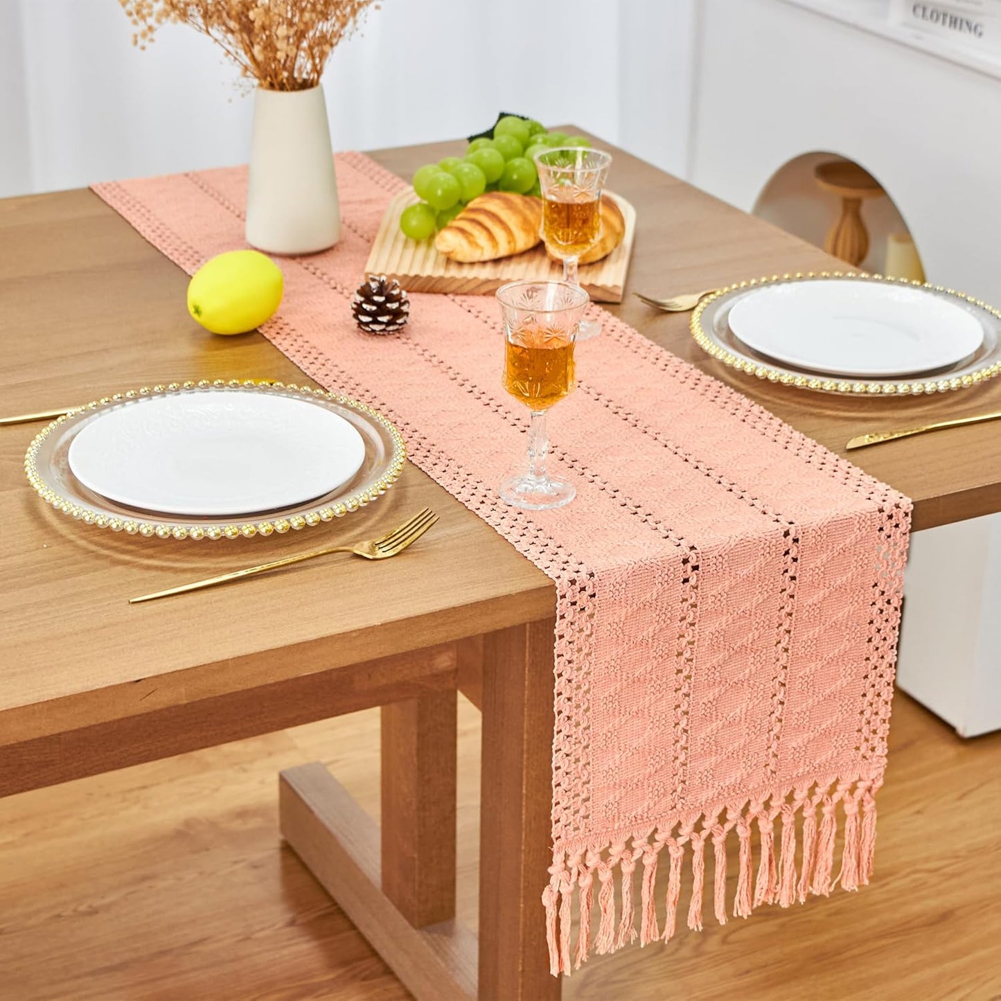 Summer Pink Table Runner Boho Macrame Dresser Runner Home Coffee Table Decor Farmhouse Style with Tassels for Dining Bedroom Living Room Decor Rustic Bridal Shower (12x90 Inches)