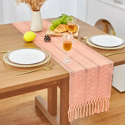 Summer Pink Table Runner Boho Macrame Dresser Runner Home Coffee Table Decor Farmhouse Style with Tassels for Dining Bedroom Living Room Decor Rustic Bridal Shower (12x90 Inches)