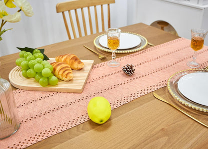 Summer Pink Table Runner Boho Macrame Dresser Runner Home Coffee Table Decor Farmhouse Style with Tassels for Dining Bedroom Living Room Decor Rustic Bridal Shower (12x90 Inches)