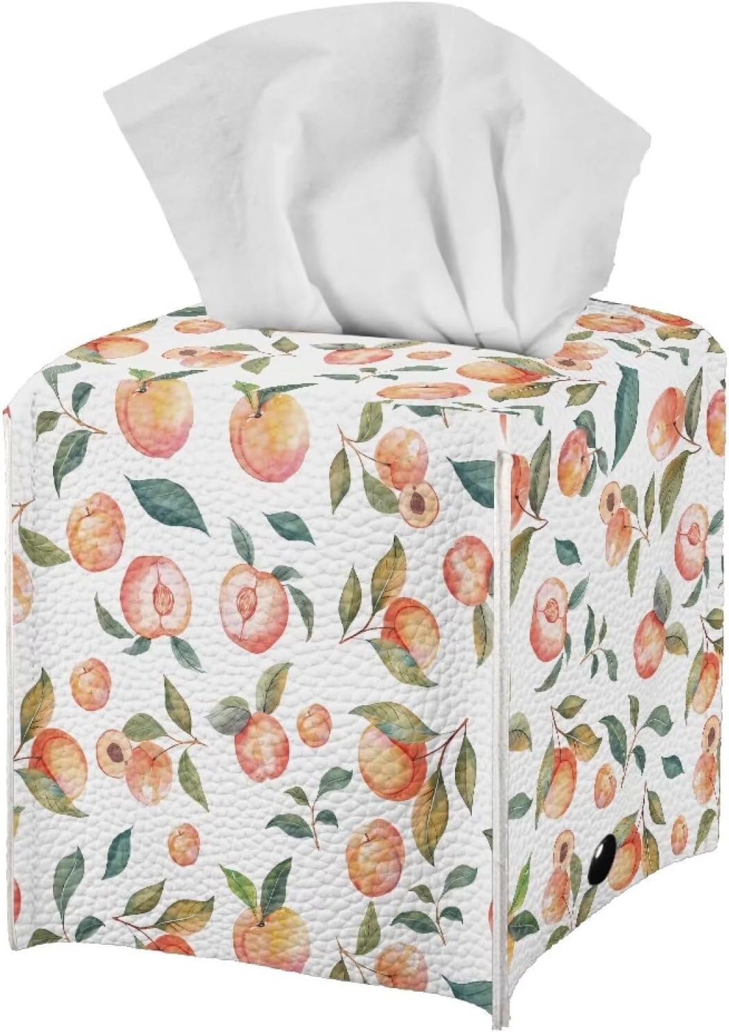 Cute Peach Tissue Box Cover PU Leather Waterproof White Square Tissue Holder Elegant Modern Decorative Print Tissues Cube Organizer for Home Office Kitchen Room Decor