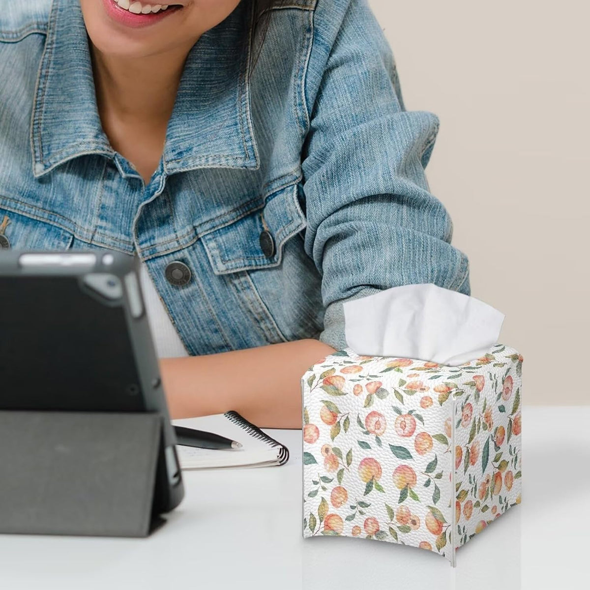 Cute Peach Tissue Box Cover PU Leather Waterproof White Square Tissue Holder Elegant Modern Decorative Print Tissues Cube Organizer for Home Office Kitchen Room Decor