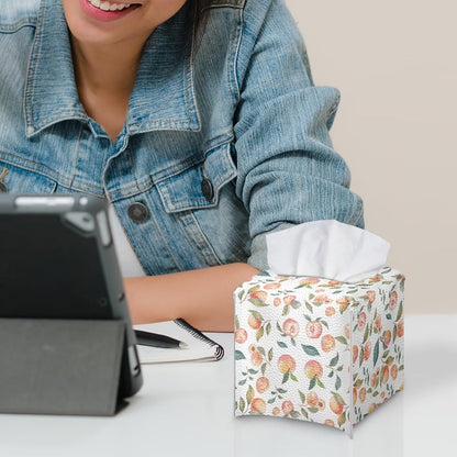 Cute Peach Tissue Box Cover PU Leather Waterproof White Square Tissue Holder Elegant Modern Decorative Print Tissues Cube Organizer for Home Office Kitchen Room Decor