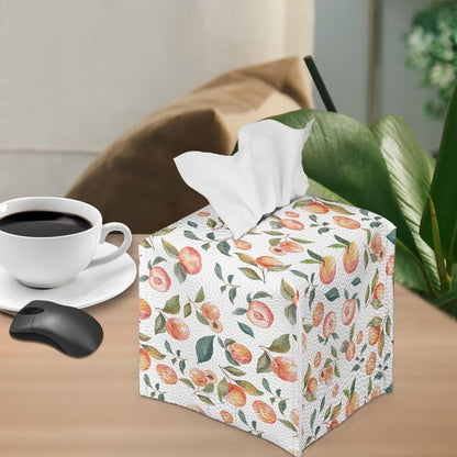 Cute Peach Tissue Box Cover PU Leather Waterproof White Square Tissue Holder Elegant Modern Decorative Print Tissues Cube Organizer for Home Office Kitchen Room Decor