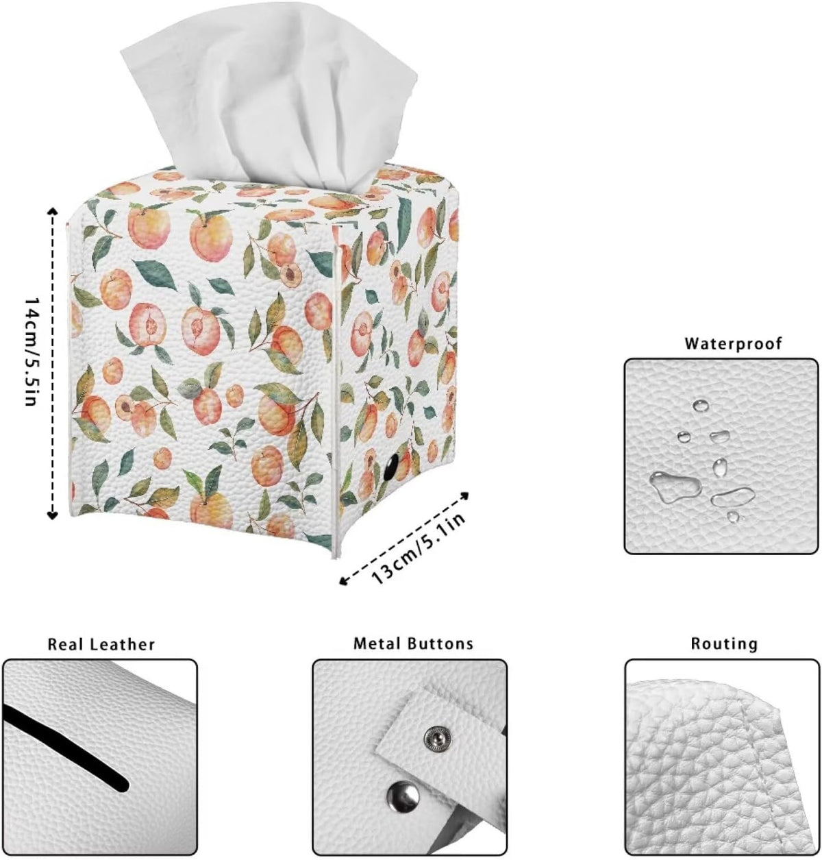 Cute Peach Tissue Box Cover PU Leather Waterproof White Square Tissue Holder Elegant Modern Decorative Print Tissues Cube Organizer for Home Office Kitchen Room Decor