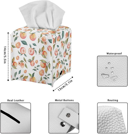 Cute Peach Tissue Box Cover PU Leather Waterproof White Square Tissue Holder Elegant Modern Decorative Print Tissues Cube Organizer for Home Office Kitchen Room Decor