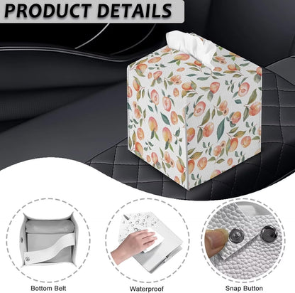 Cute Peach Tissue Box Cover PU Leather Waterproof White Square Tissue Holder Elegant Modern Decorative Print Tissues Cube Organizer for Home Office Kitchen Room Decor