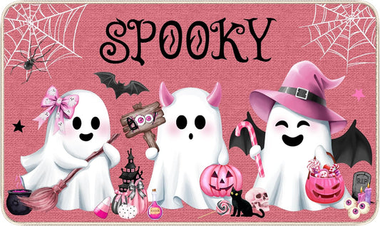 Pink Halloween Ghost Doormat, Non-Slip Entryway Door Mat, 17x29 Inch