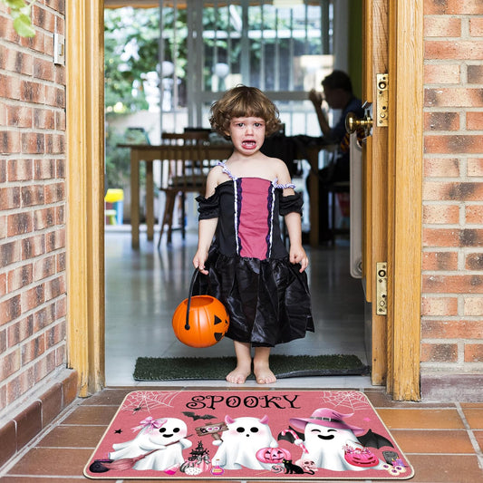 Pink Halloween Ghost Doormat, Non-Slip Entryway Door Mat, 17x29 Inch