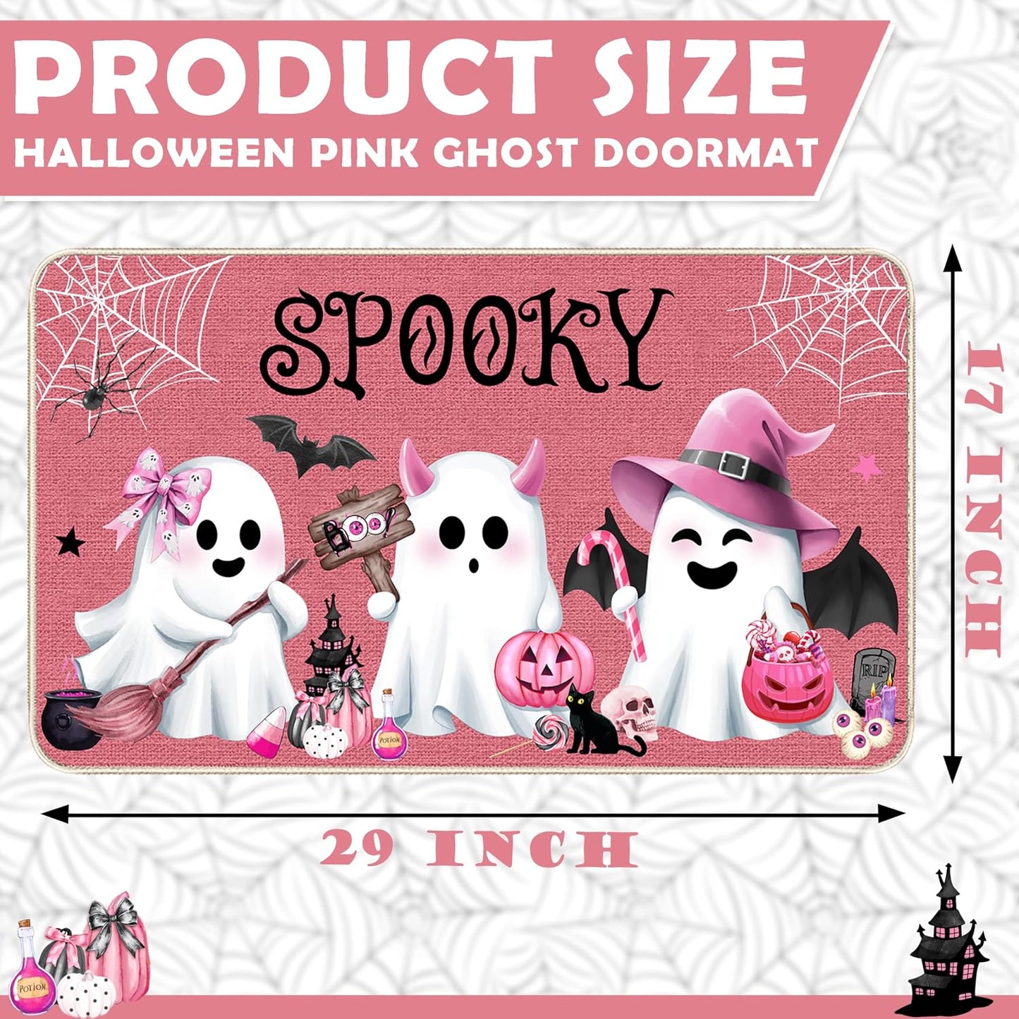 Pink Halloween Ghost Doormat, Non-Slip Entryway Door Mat, 17x29 Inch