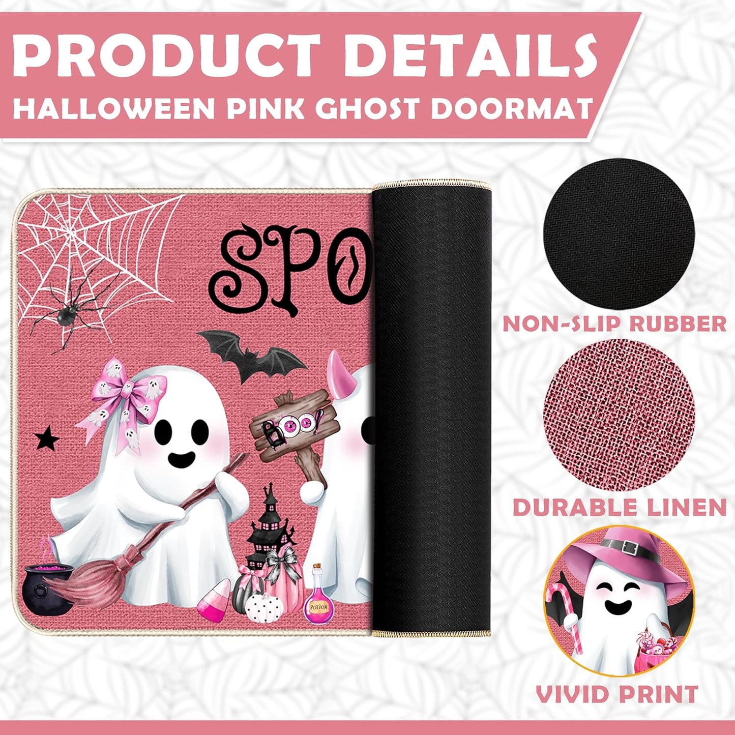 Pink Halloween Ghost Doormat, Non-Slip Entryway Door Mat, 17x29 Inch