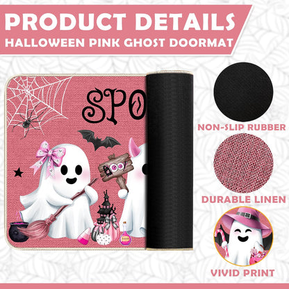 Pink Halloween Ghost Doormat, Non-Slip Entryway Door Mat, 17x29 Inch