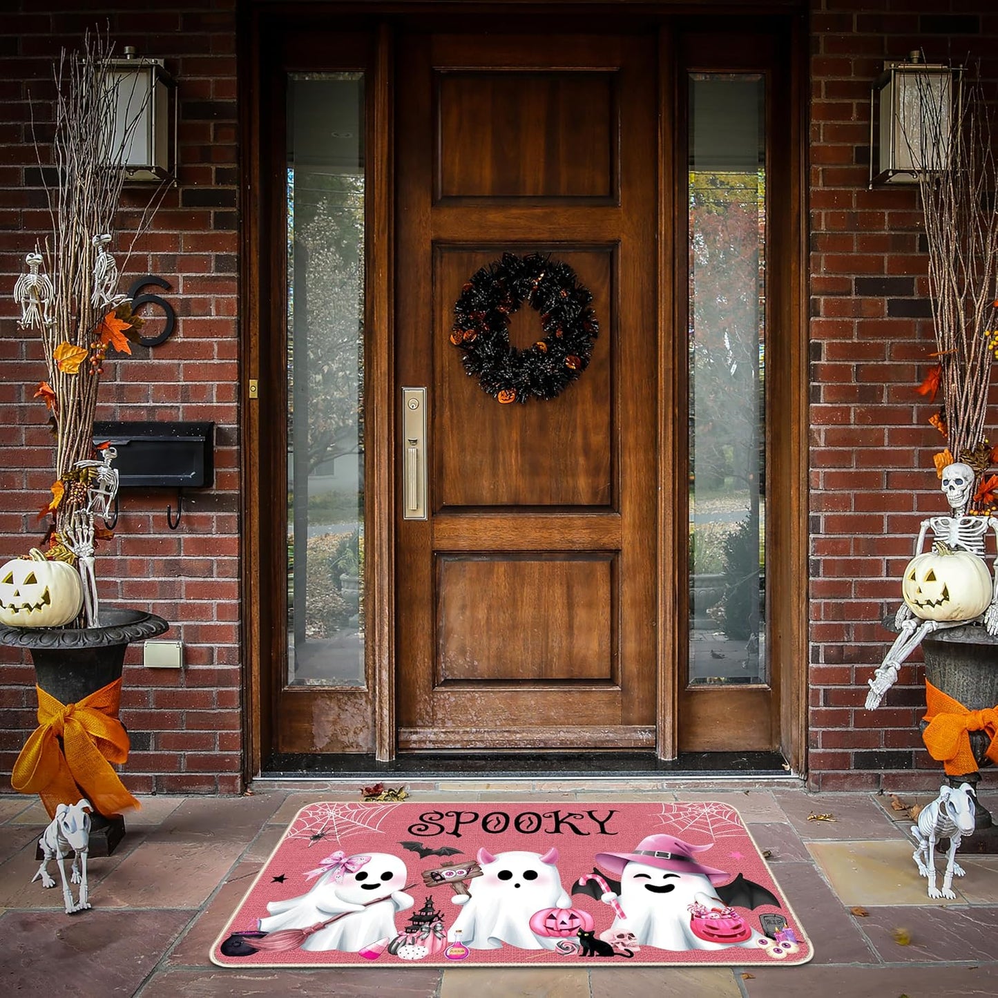 Pink Halloween Ghost Doormat, Non-Slip Entryway Door Mat, 17x29 Inch