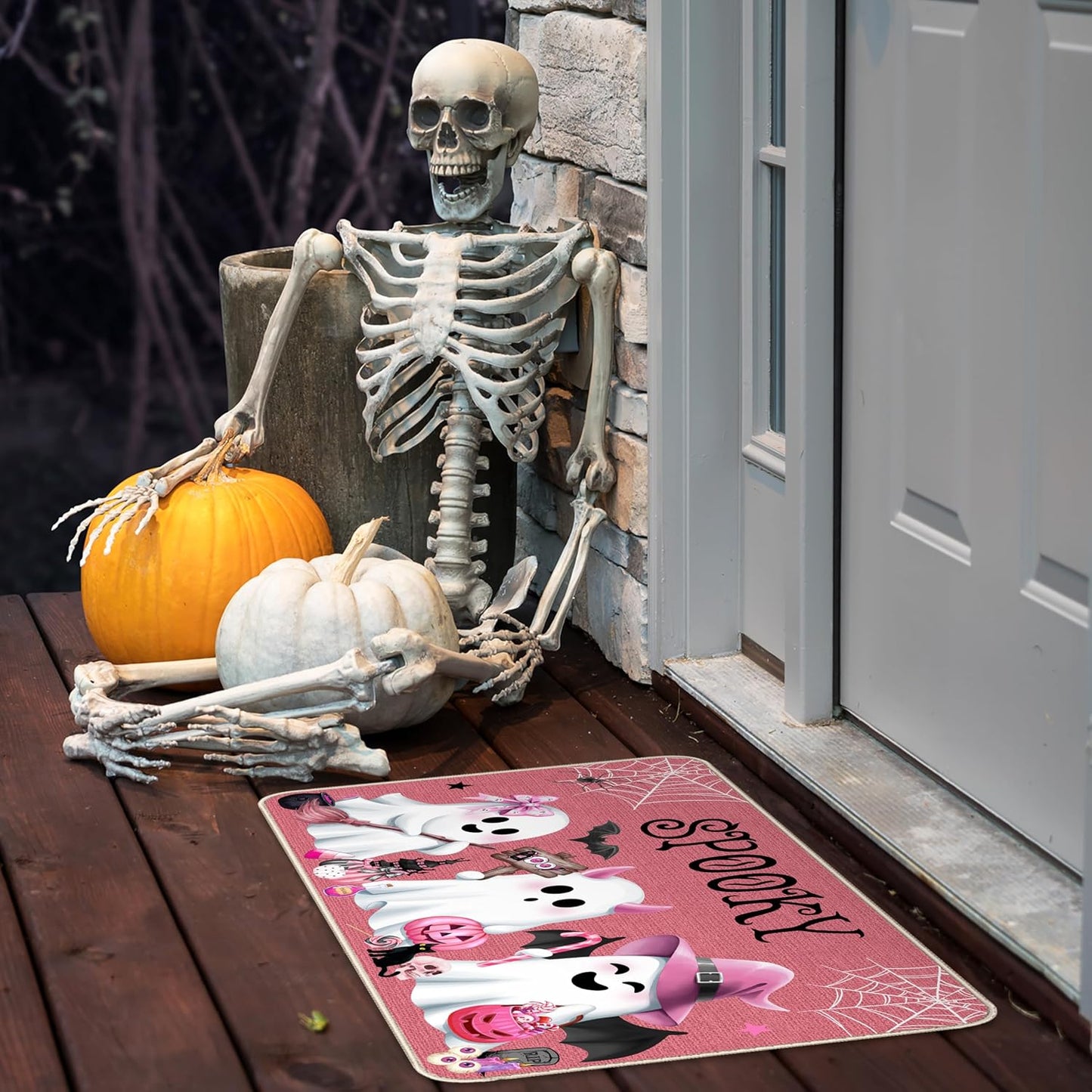 Pink Halloween Ghost Doormat, Non-Slip Entryway Door Mat, 17x29 Inch