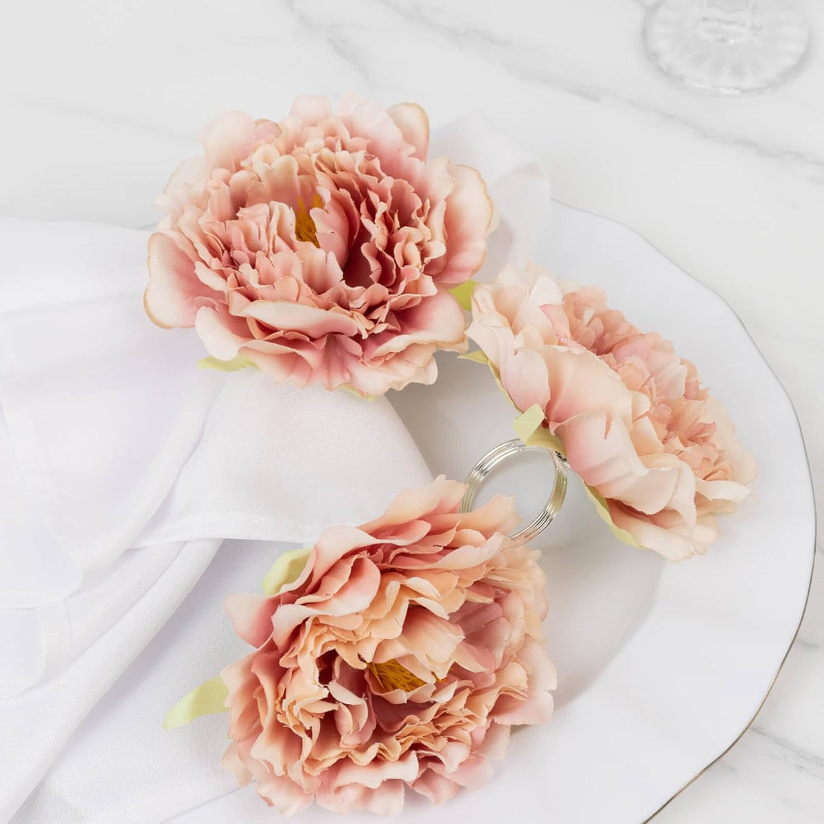 4-Pack Napkin Rings with Silk Peony Flower – Pink Floral Napkin Holders for Dinner Table Settings & Décor