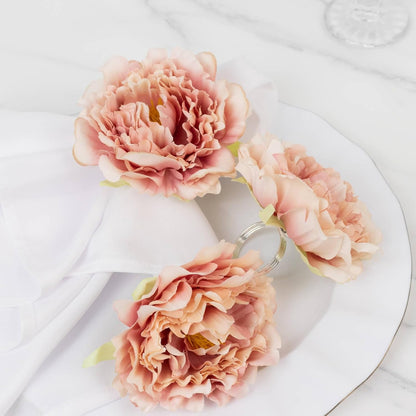 4-Pack Napkin Rings with Silk Peony Flower – Pink Floral Napkin Holders for Dinner Table Settings & Décor