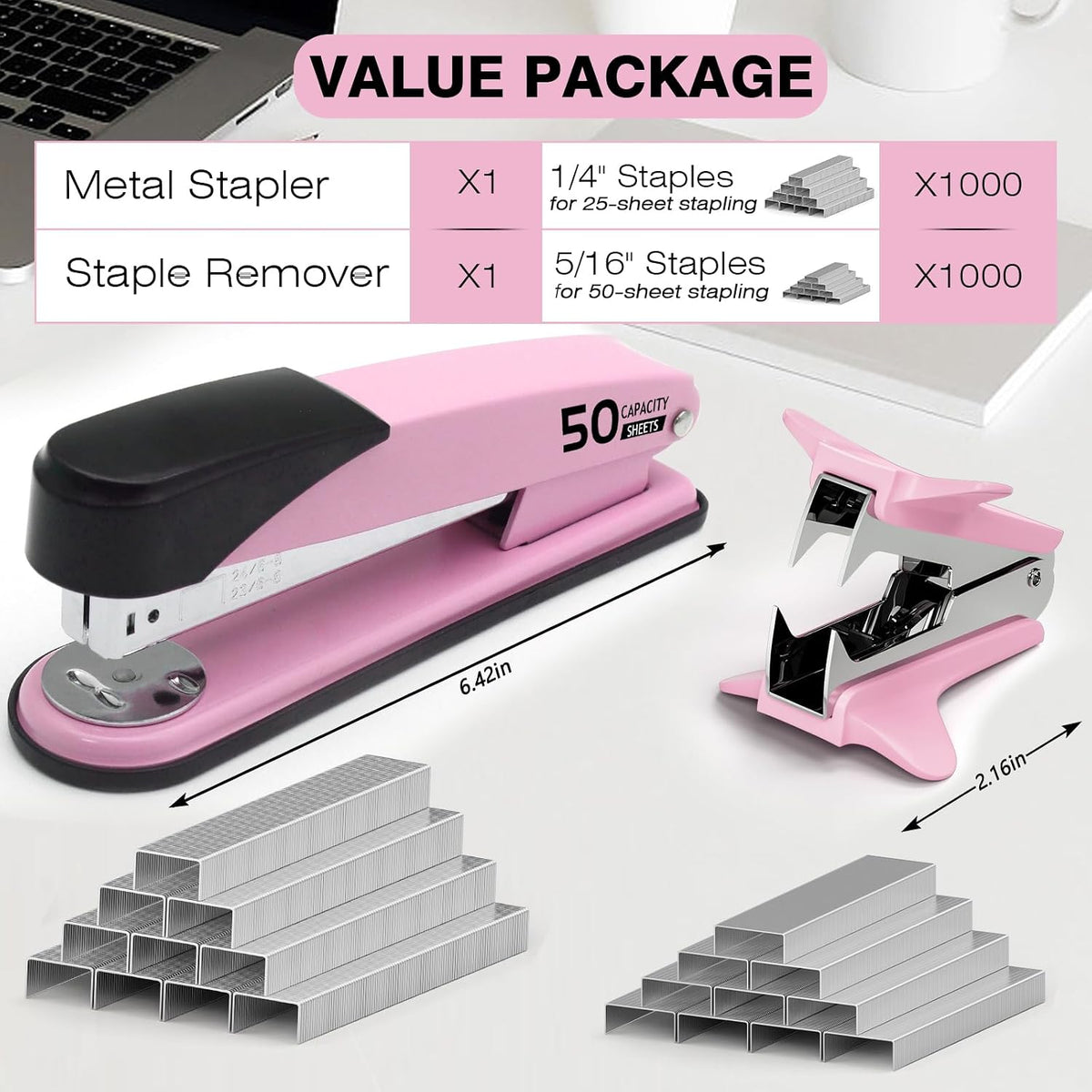 Pink Stapler Heavy Duty, Staplers for Desk, 2000 Staples, Staple Remover