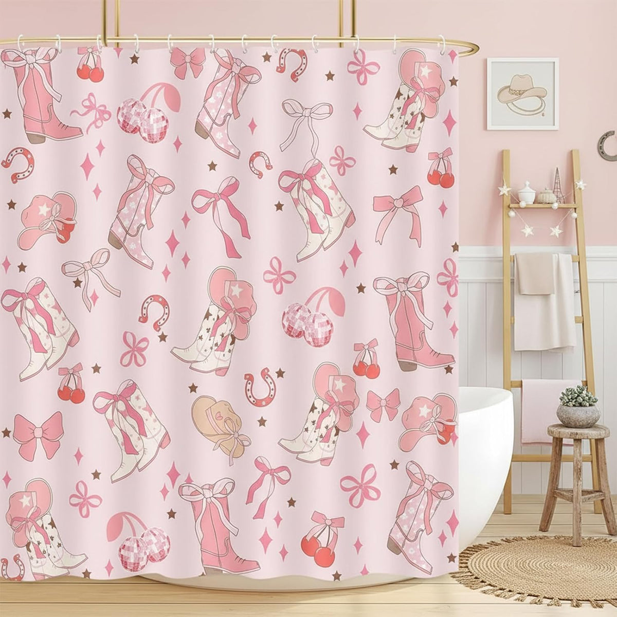 Pink Bow Western Shower Curtain, Cowgirl Cute Bowknot Disco Cherry Bow Boots Caps Shower Curtain Set for Boys Teens Girls, Waterproof Bath Curtain Decor with Hooks,Pink,72x72