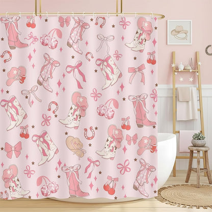 Pink Bow Western Shower Curtain, Cowgirl Cute Bowknot Disco Cherry Bow Boots Caps Shower Curtain Set for Boys Teens Girls, Waterproof Bath Curtain Decor with Hooks,Pink,72x72