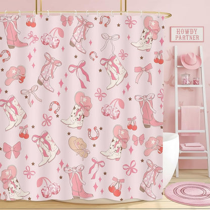 Pink Bow Western Shower Curtain, Cowgirl Cute Bowknot Disco Cherry Bow Boots Caps Shower Curtain Set for Boys Teens Girls, Waterproof Bath Curtain Decor with Hooks,Pink,72x72