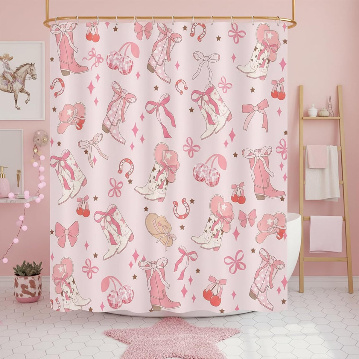 Pink Bow Western Shower Curtain, Cowgirl Cute Bowknot Disco Cherry Bow Boots Caps Shower Curtain Set for Boys Teens Girls, Waterproof Bath Curtain Decor with Hooks,Pink,72x72