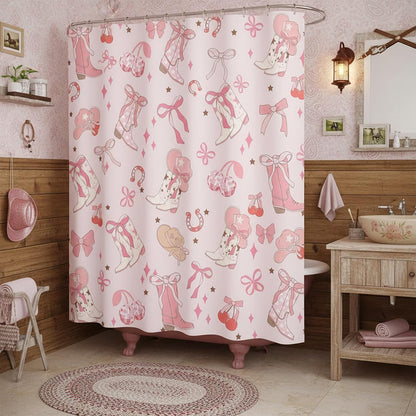 Pink Bow Western Shower Curtain, Cowgirl Cute Bowknot Disco Cherry Bow Boots Caps Shower Curtain Set for Boys Teens Girls, Waterproof Bath Curtain Decor with Hooks,Pink,72x72