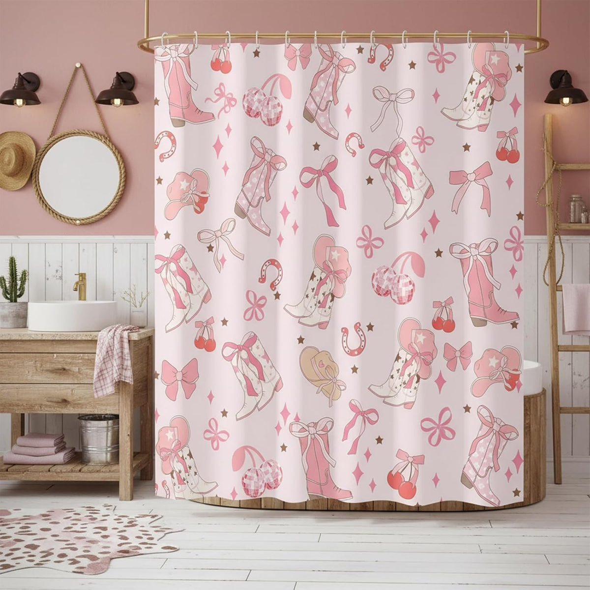Pink Bow Western Shower Curtain, Cowgirl Cute Bowknot Disco Cherry Bow Boots Caps Shower Curtain Set for Boys Teens Girls, Waterproof Bath Curtain Decor with Hooks,Pink,72x72