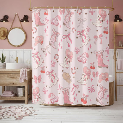 Pink Bow Western Shower Curtain, Cowgirl Cute Bowknot Disco Cherry Bow Boots Caps Shower Curtain Set for Boys Teens Girls, Waterproof Bath Curtain Decor with Hooks,Pink,72x72