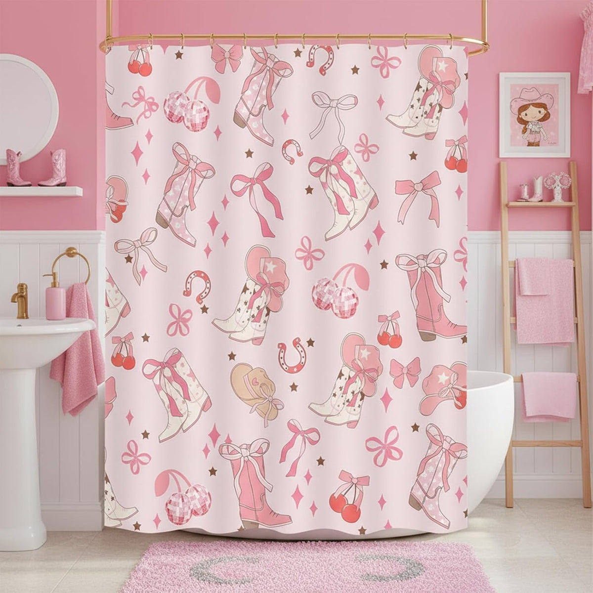 Pink Bow Western Shower Curtain, Cowgirl Cute Bowknot Disco Cherry Bow Boots Caps Shower Curtain Set for Boys Teens Girls, Waterproof Bath Curtain Decor with Hooks,Pink,72x72