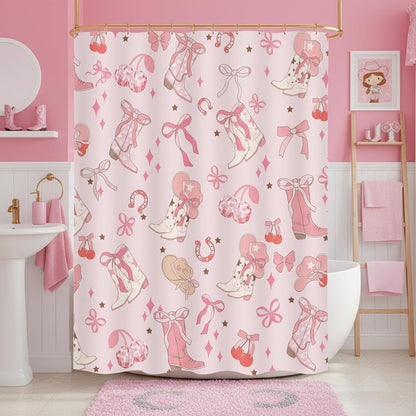 Pink Bow Western Shower Curtain, Cowgirl Cute Bowknot Disco Cherry Bow Boots Caps Shower Curtain Set for Boys Teens Girls, Waterproof Bath Curtain Decor with Hooks,Pink,72x72