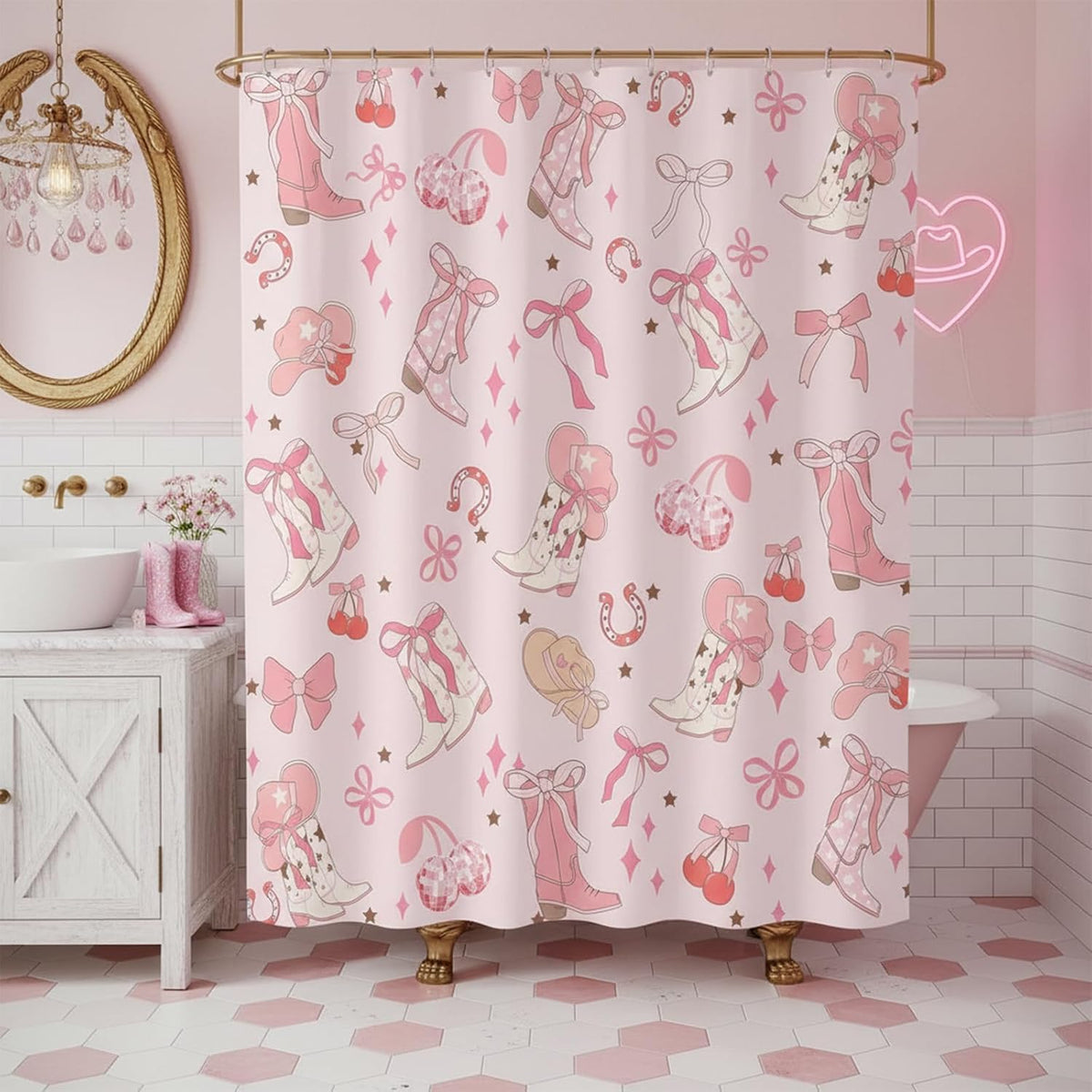 Pink Bow Western Shower Curtain, Cowgirl Cute Bowknot Disco Cherry Bow Boots Caps Shower Curtain Set for Boys Teens Girls, Waterproof Bath Curtain Decor with Hooks,Pink,72x72