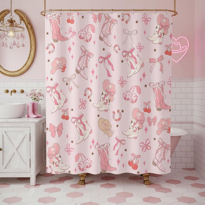 Pink Bow Western Shower Curtain, Cowgirl Cute Bowknot Disco Cherry Bow Boots Caps Shower Curtain Set for Boys Teens Girls, Waterproof Bath Curtain Decor with Hooks,Pink,72x72