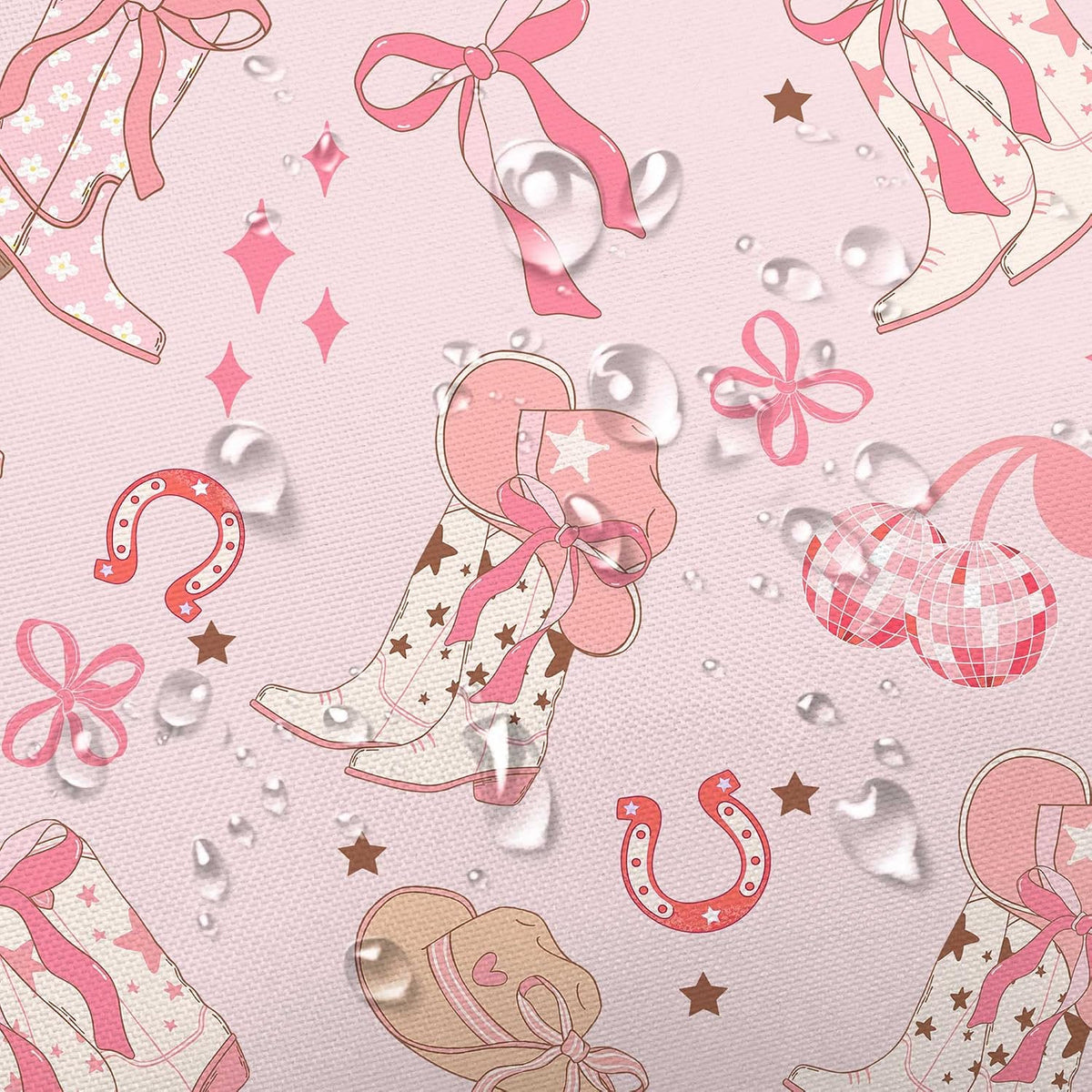 Pink Bow Western Shower Curtain, Cowgirl Cute Bowknot Disco Cherry Bow Boots Caps Shower Curtain Set for Boys Teens Girls, Waterproof Bath Curtain Decor with Hooks,Pink,72x72