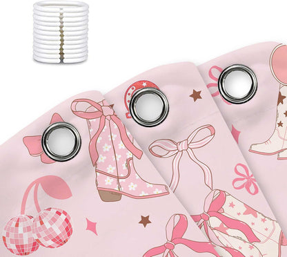 Pink Bow Western Shower Curtain, Cowgirl Cute Bowknot Disco Cherry Bow Boots Caps Shower Curtain Set for Boys Teens Girls, Waterproof Bath Curtain Decor with Hooks,Pink,72x72
